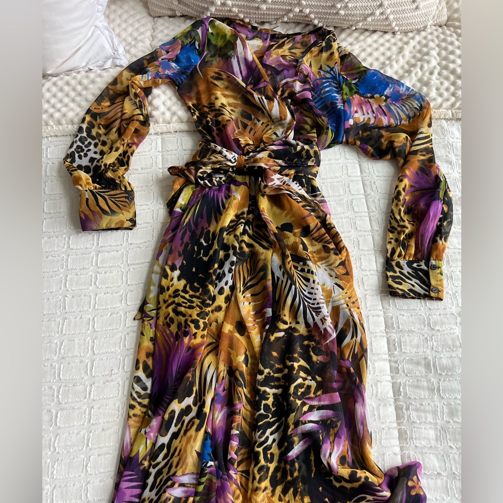 Printed Wrap Maxi Dress in Gold and Purple